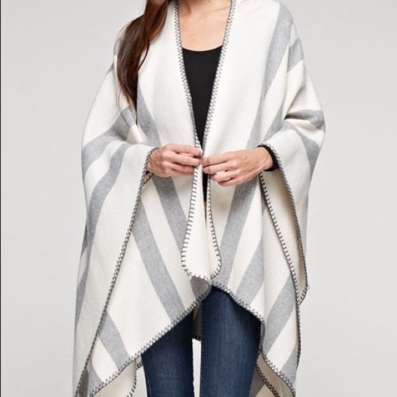 Cream Striped Blanket Stitch Oversized Poncho - Picture 3 of 7